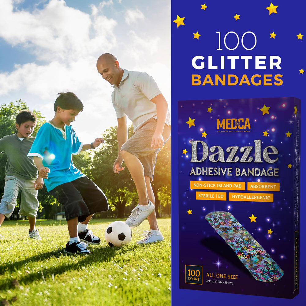MEDca Glitter Bandages applied on dry skin for kid-friendly wound care