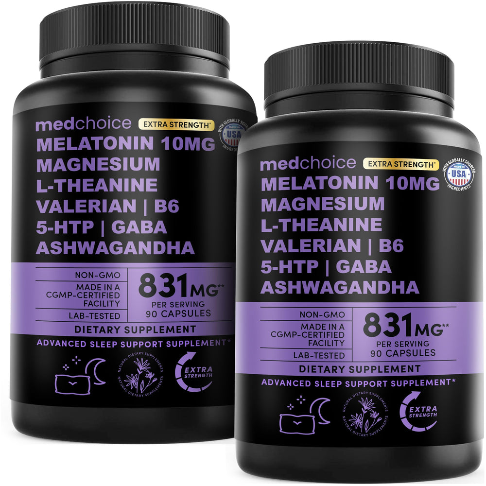 MEDCHOICE 12-in-1 melatonin sleep capsules bottle on nightstand supporting restful nights