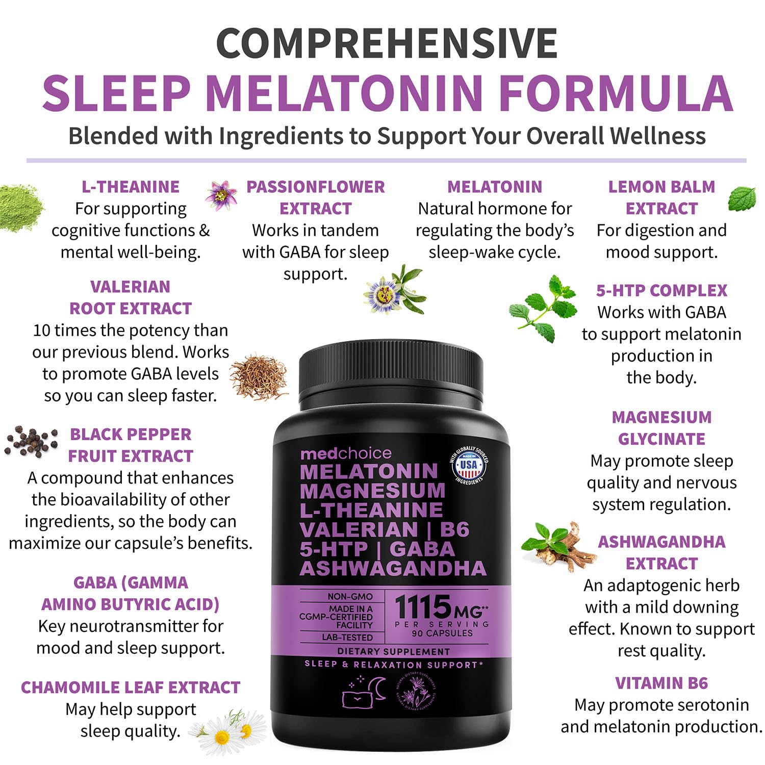 Three MEDCHOICE bottles arranged to illustrate a multi-pack sleep support.