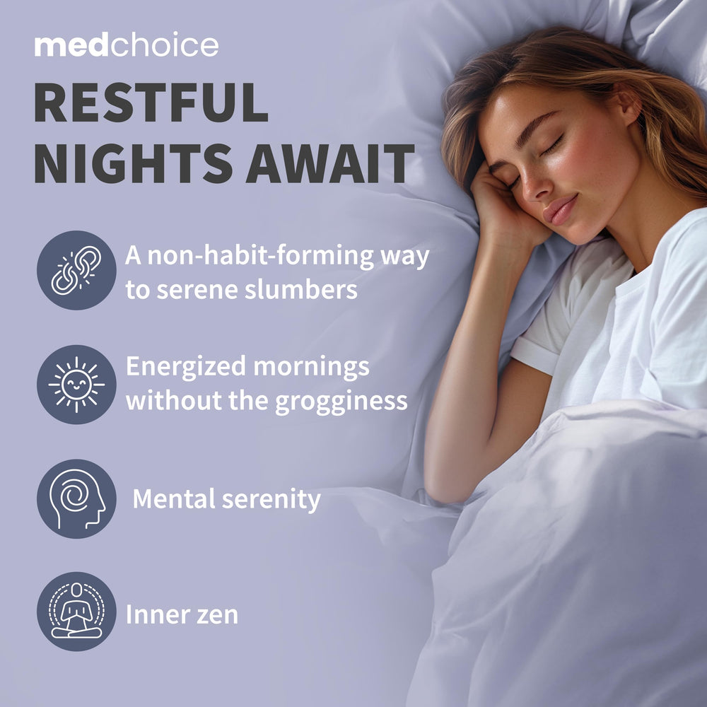 MEDCHOICE 12-in-1 Sleep Support with Ashwagandha and other ingredients shown.