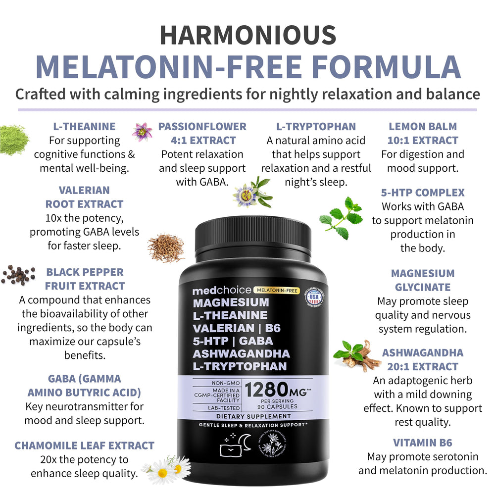 MEDCHOICE 12-in-1 Sleep Support capsules with magnesium shown for calm nights.