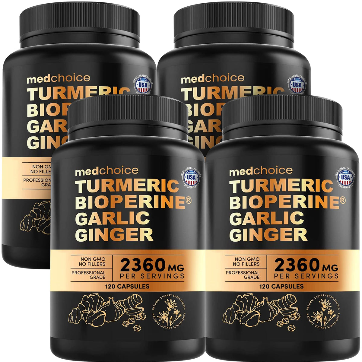 MEDCHOICE 4-in-1 turmeric garlic bioperine bottle—high-potency capsules for daily wellness.
