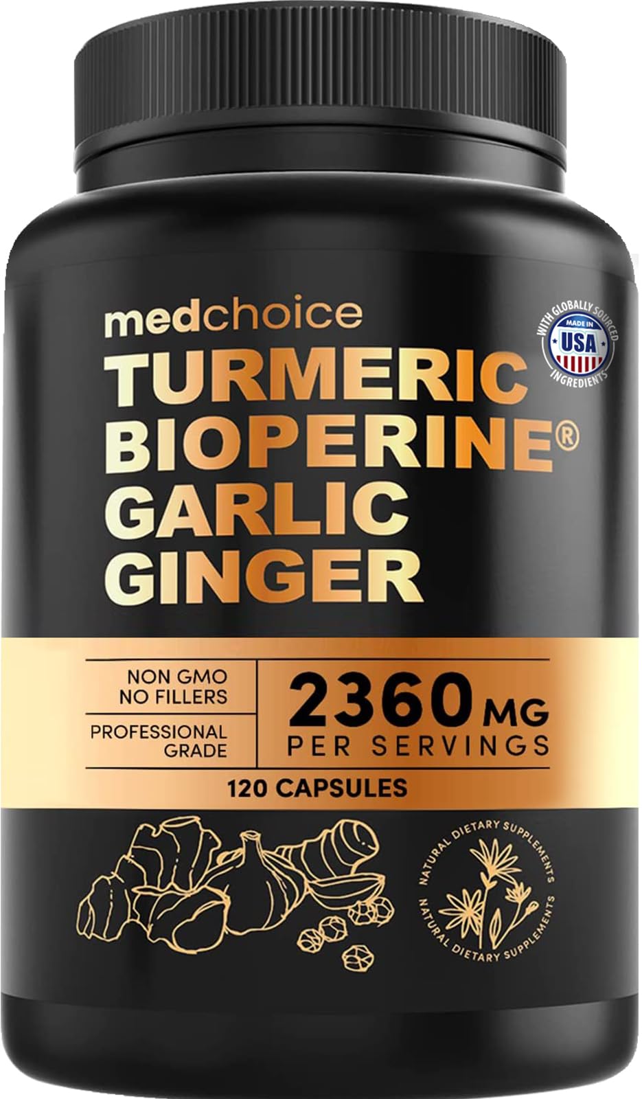 MEDCHOICE 4-in-1 turmeric garlic bioperine capsules in bottle front support daily wellness routine