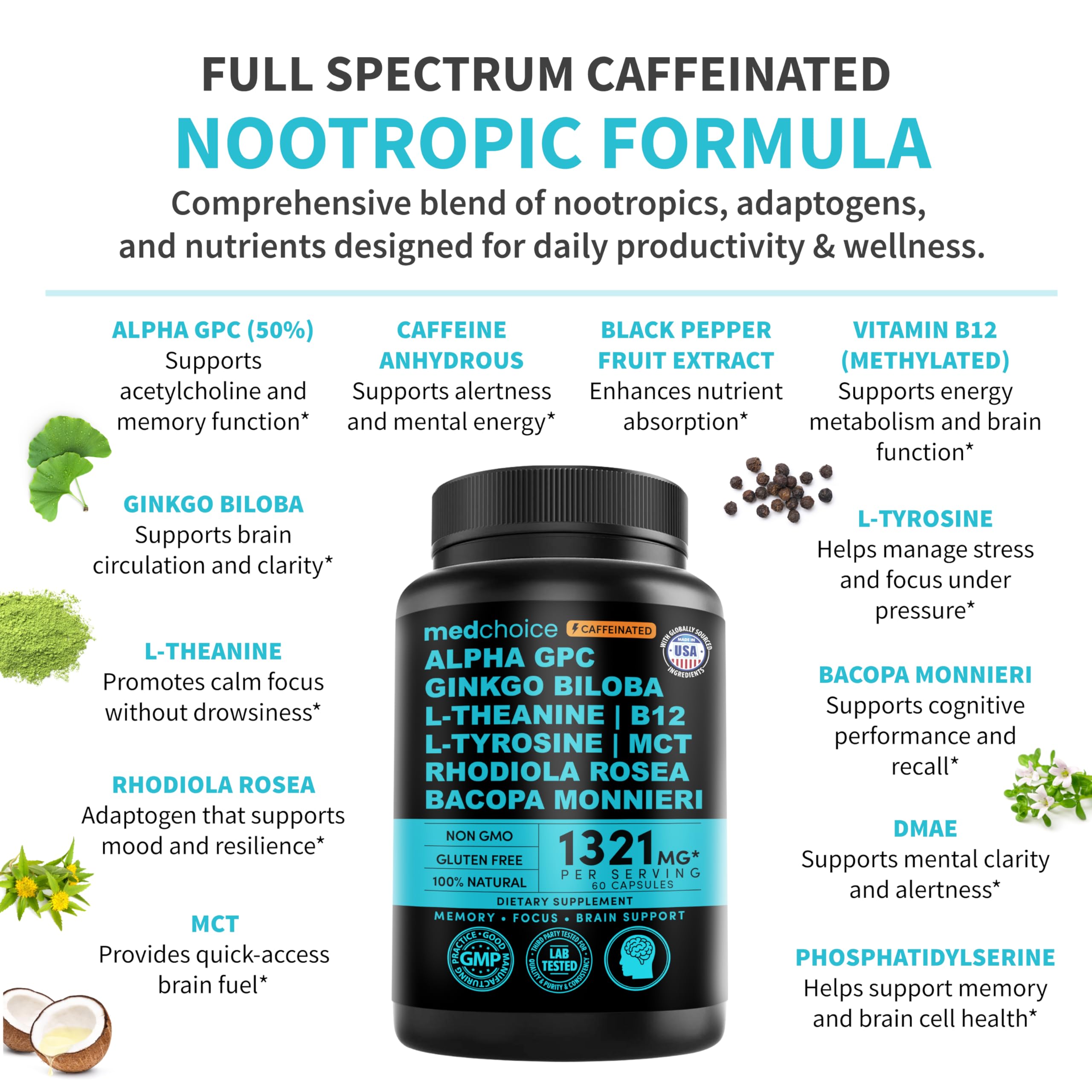 MEDCHOICE alpha-GPC and L-theanine capsules for focused calm energy.