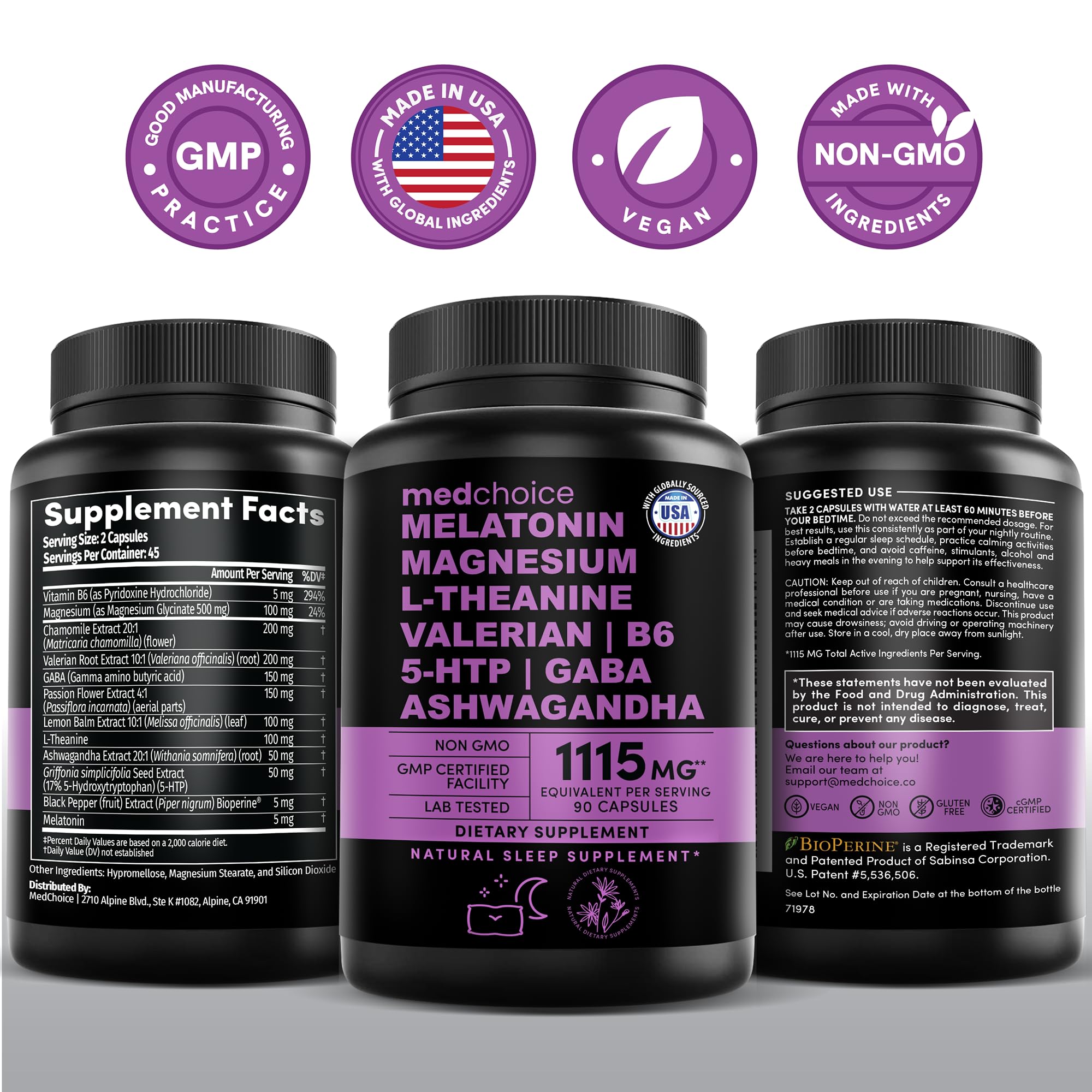 Nightstand setup with MEDCHOICE bottle, clock, and warm lighting for winding down.