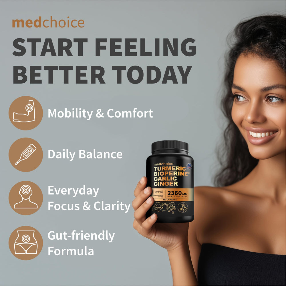 MEDCHOICE joint support capsules in bottle on wooden surface.