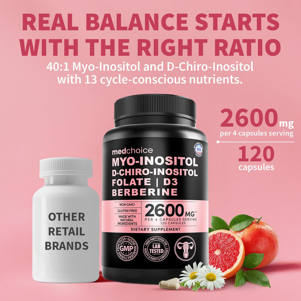 MEDCHOICE myo- and d-chiro-inositol capsules close-up for balance.