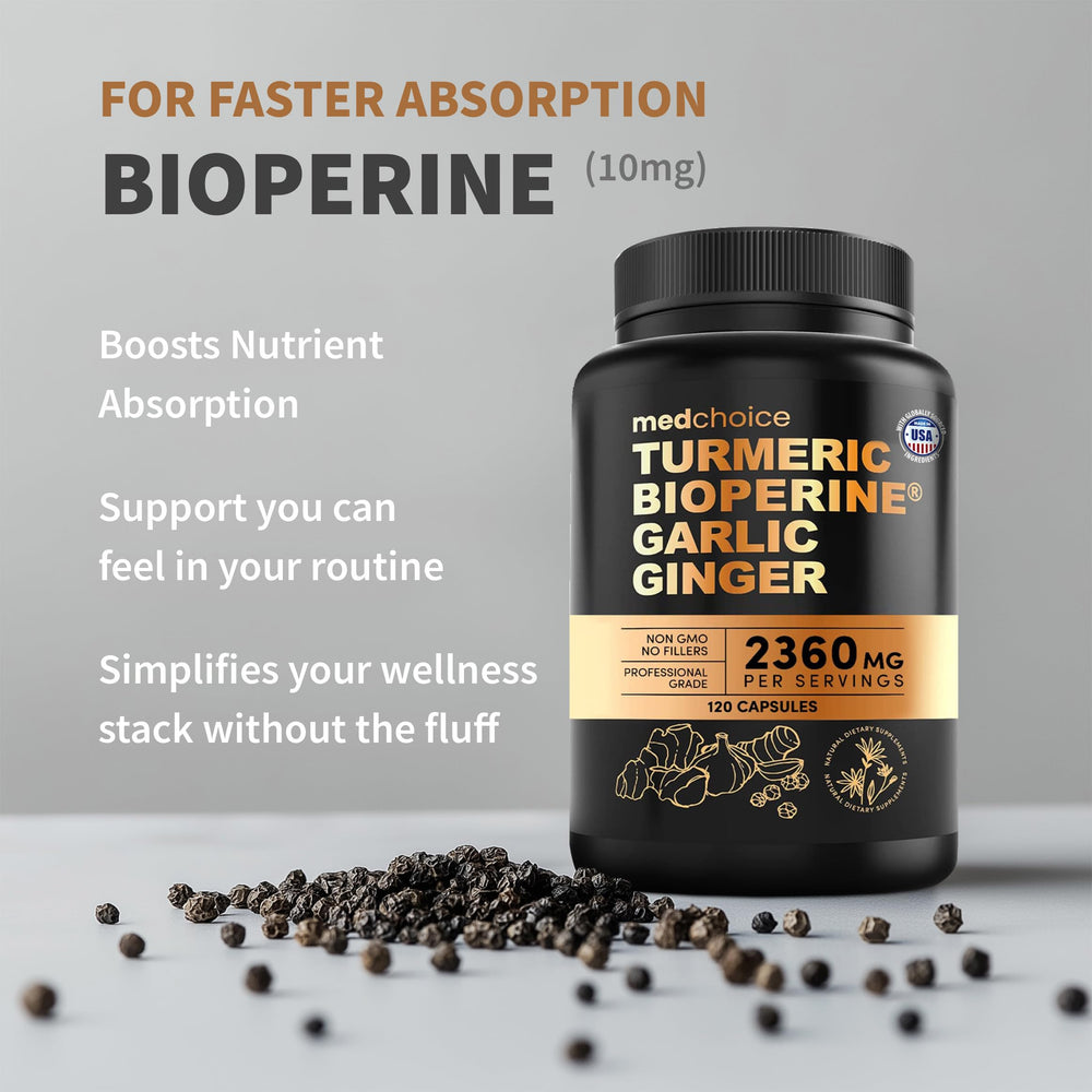 MEDCHOICE turmeric-ginger blend ingredients on clean background for daily health.