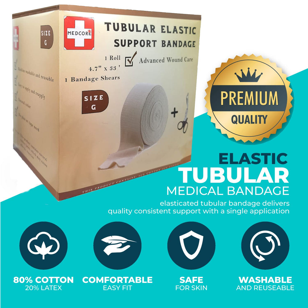 Medcore size G tubular bandage, fit detail demonstrates stretch for thigh coverage.