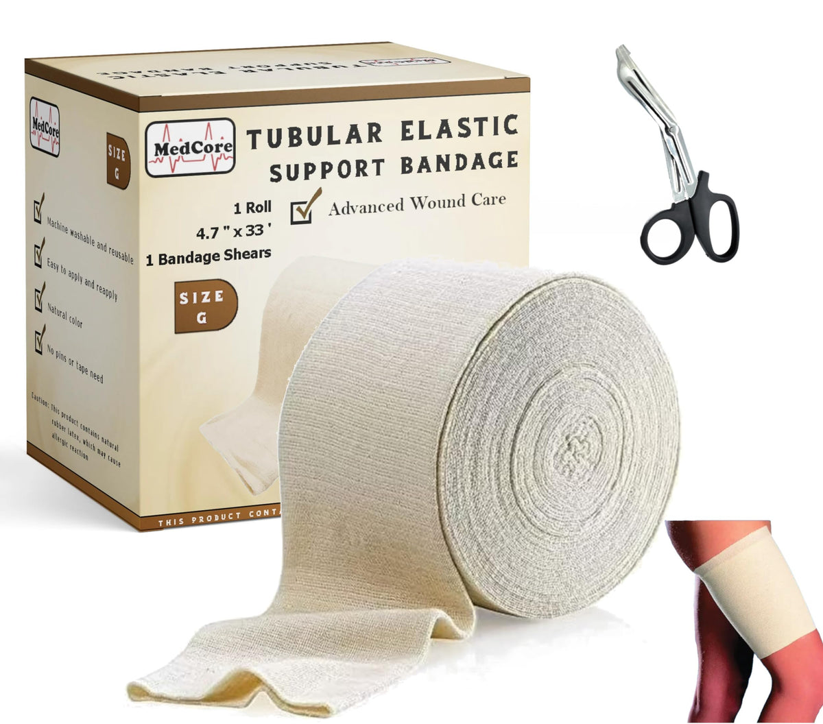 Medcore premium elastic tubular bandage stockinette, front view, provides comfortable compression.