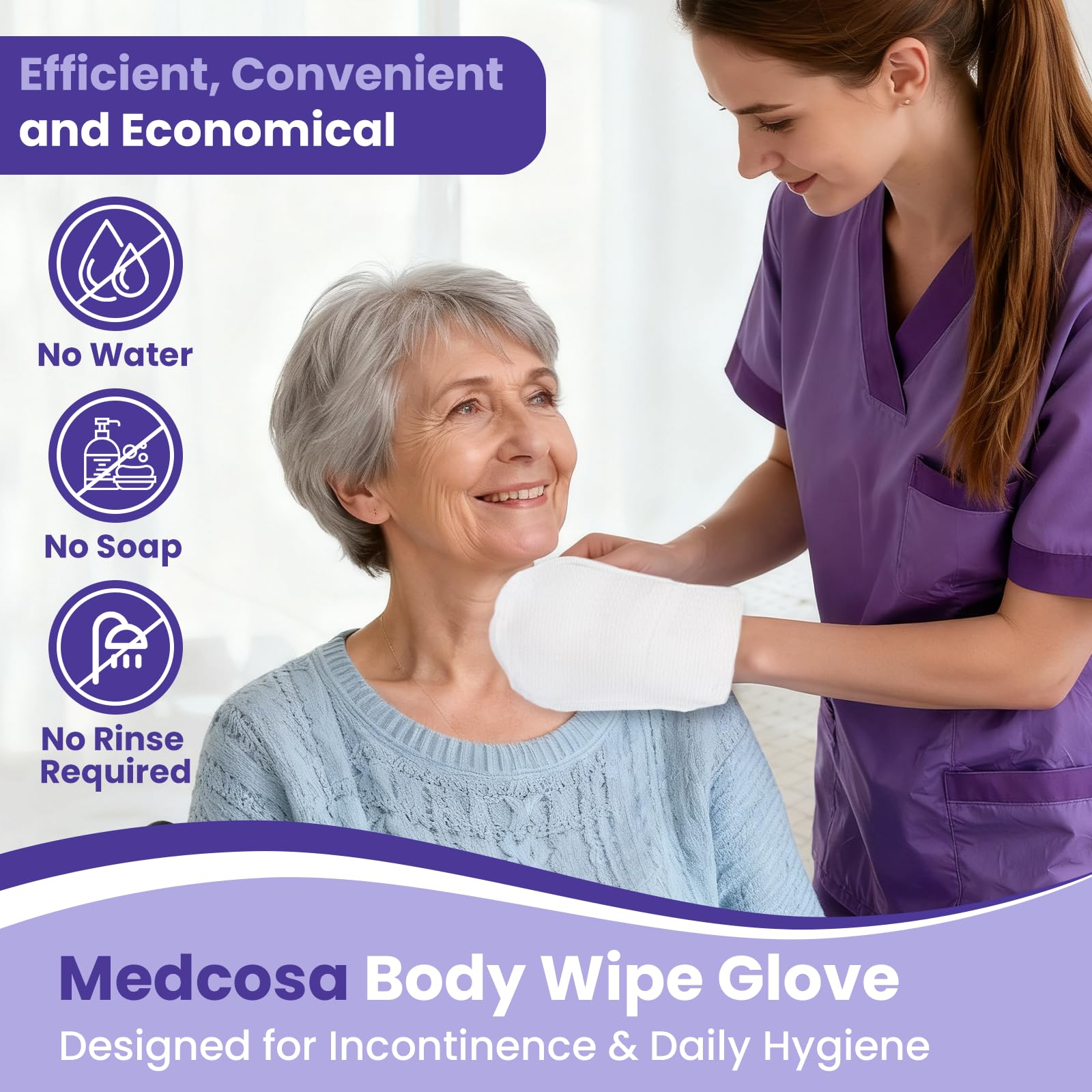 Medcosa glove-shaped wipes for easy access to hard-to-reach areas.