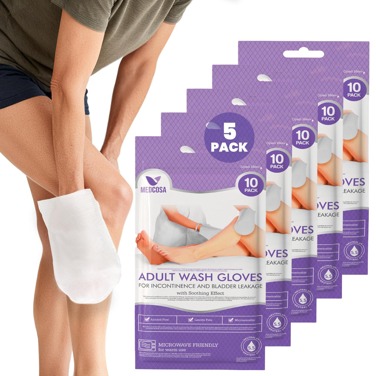 Medcosa pack of 50 washgloves for quick, disposable cleaning.