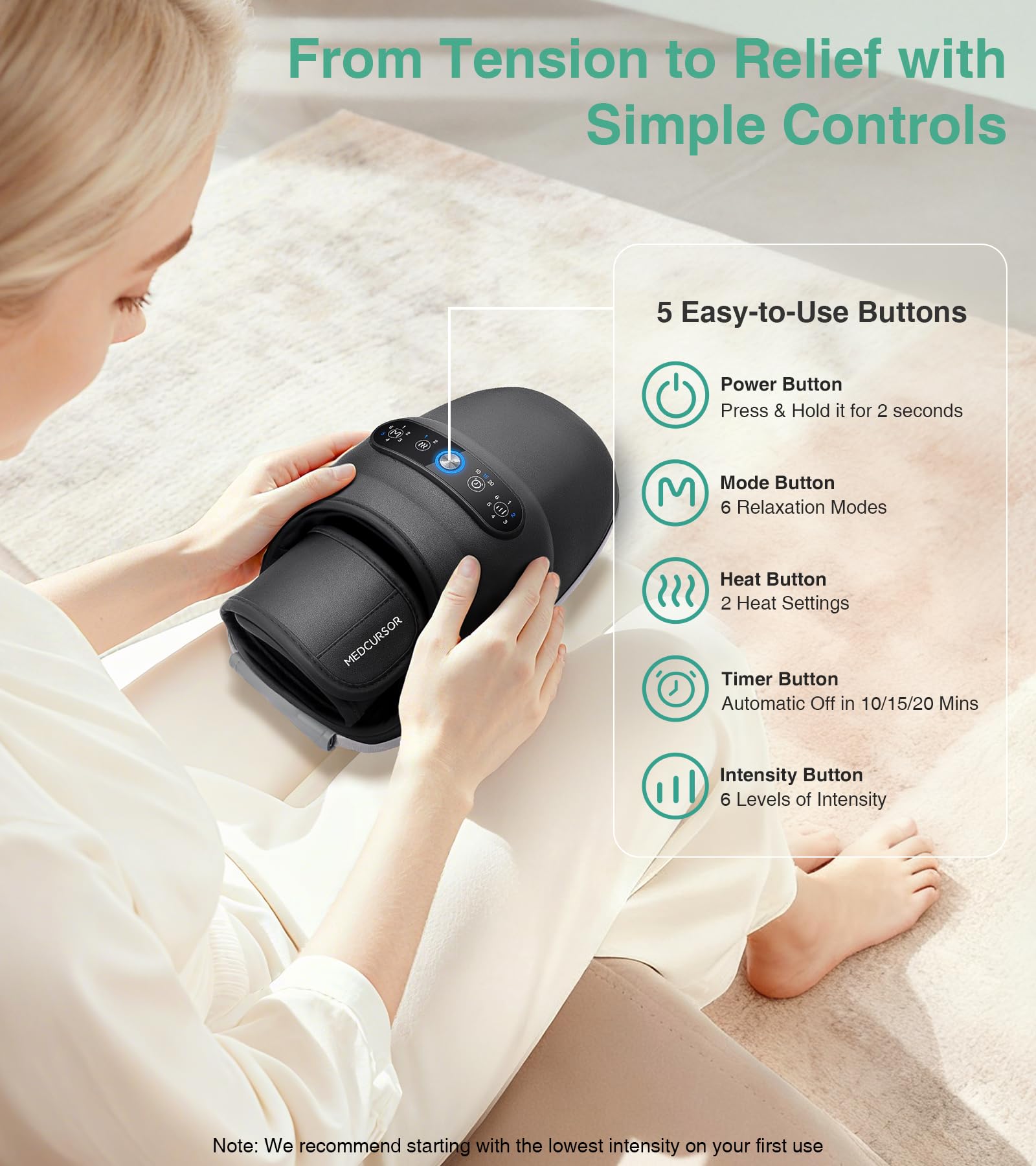 Medcursor cordless hand massager showing two heat levels for warmth and relaxation.