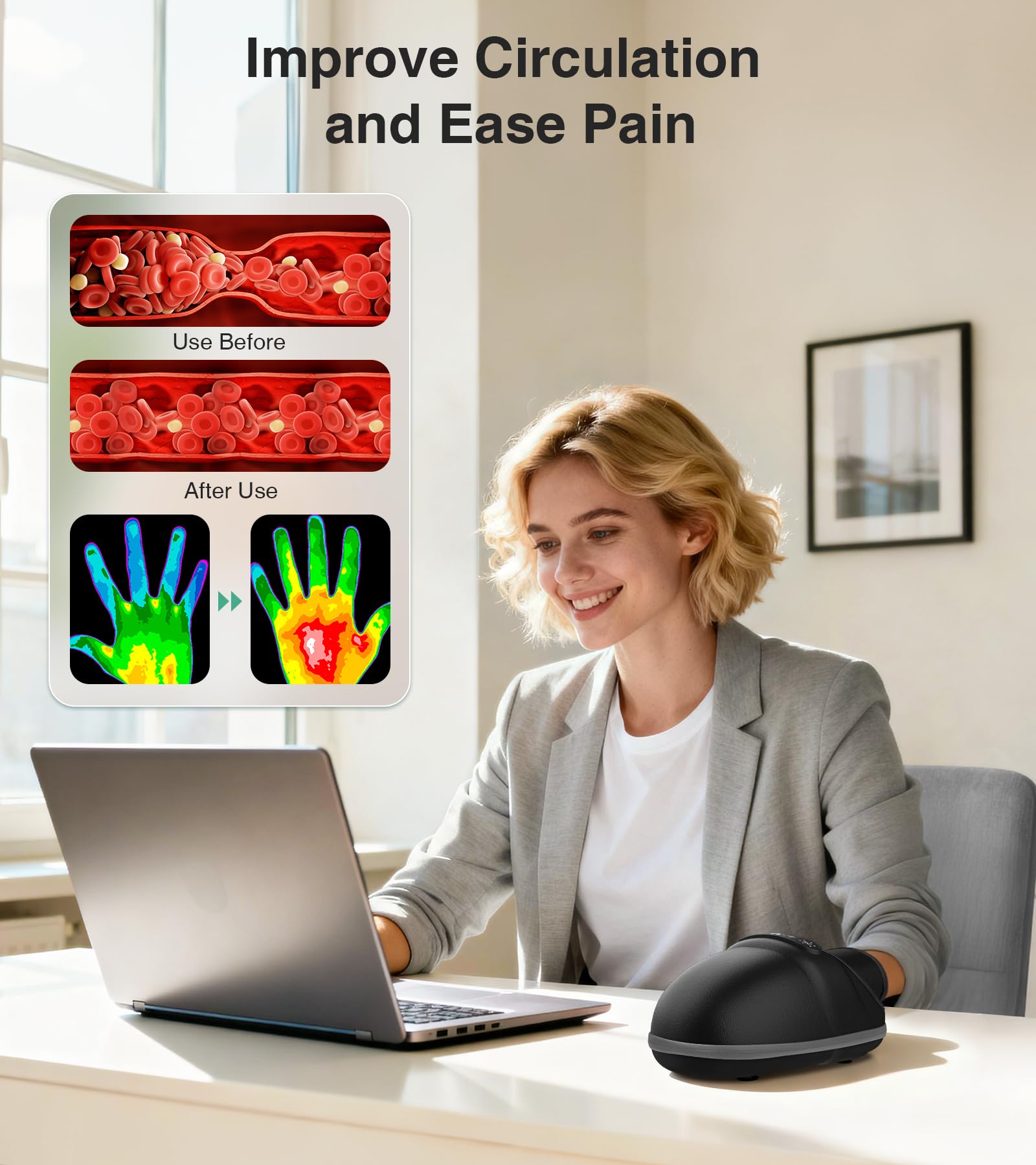 Medcursor cordless hand massager beads highlighting dual massage experiences on fingers.