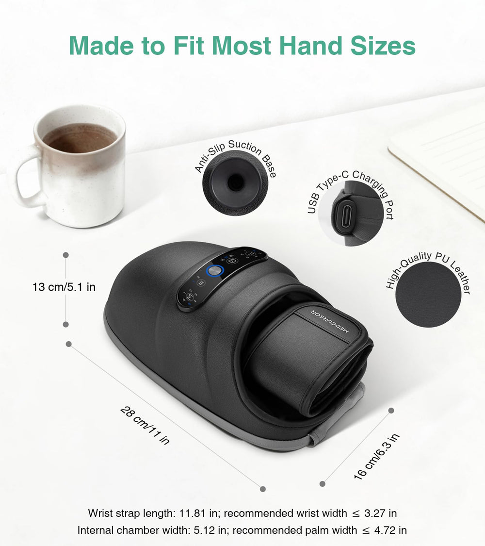 Medcursor cordless hand massager displaying 6 modes for personalized relief.