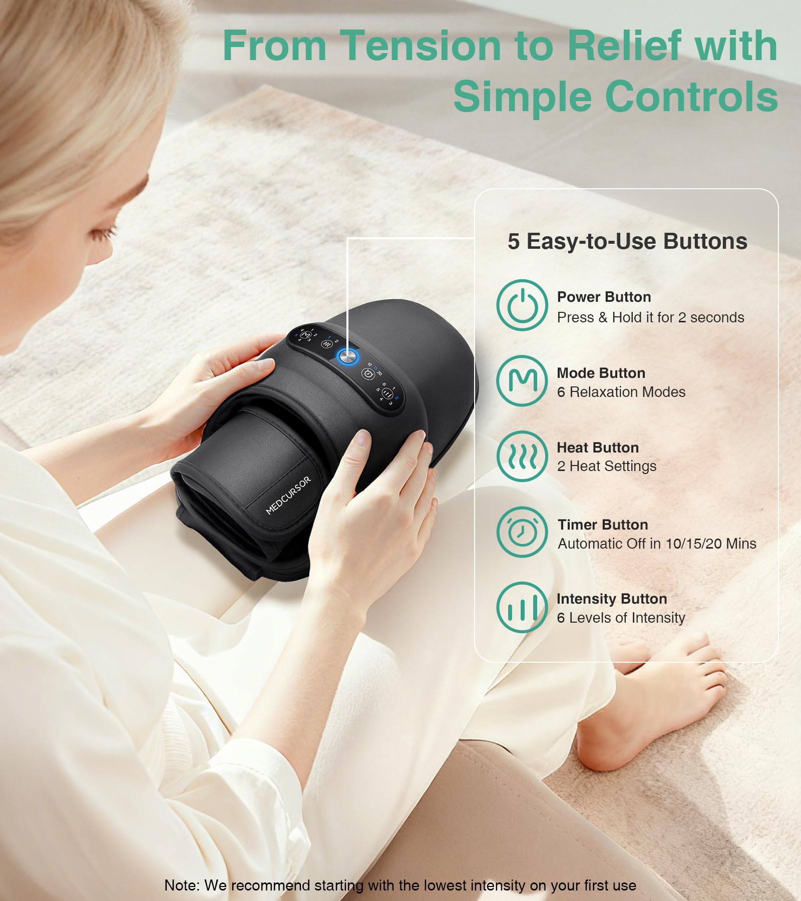 Medcursor Hand Massager showing dual heat settings to warm and relax
