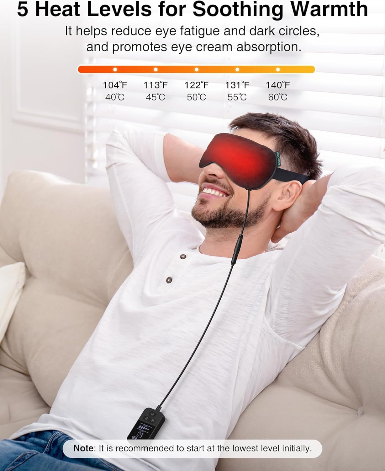 Medcursor heated eye mask worn on face demonstrates soothing warmth for bedtime.