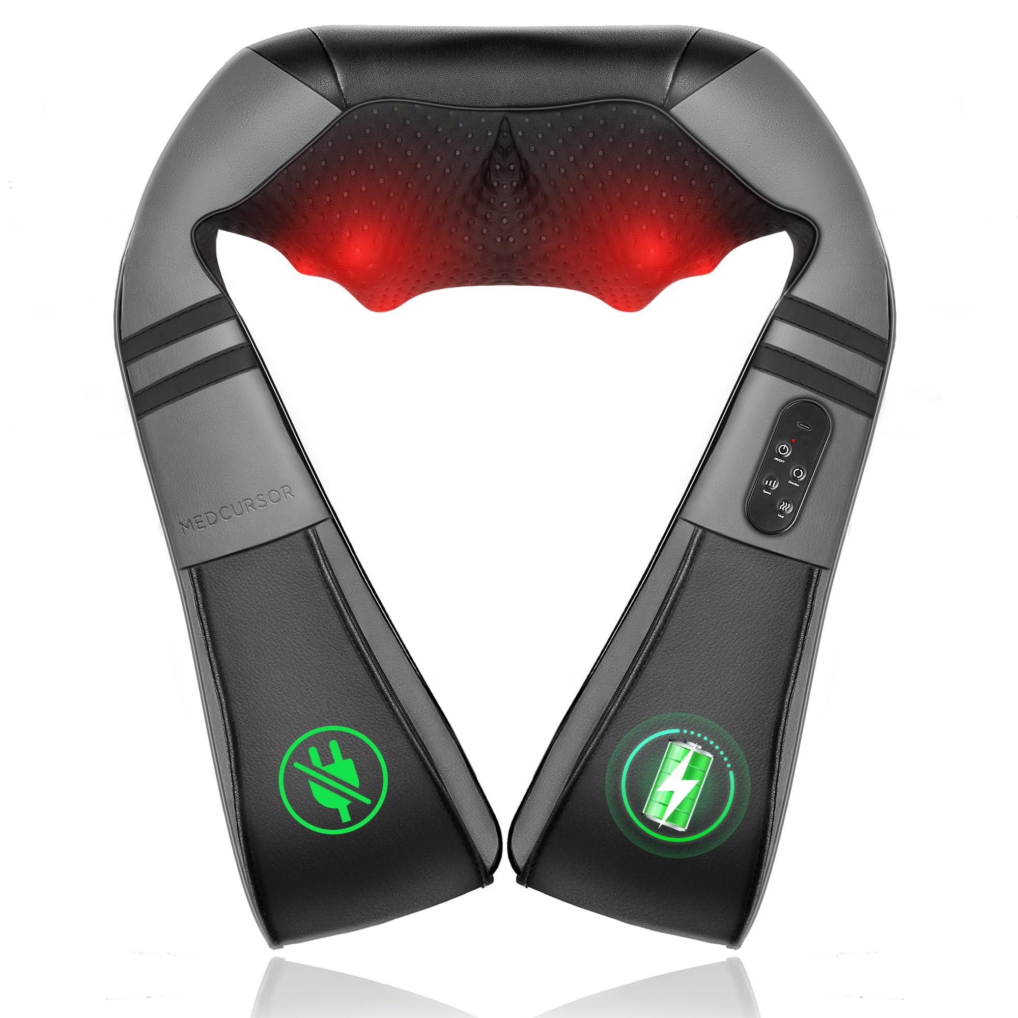 Medcursor neck massager with heat, front view showing kneading for neck relief.