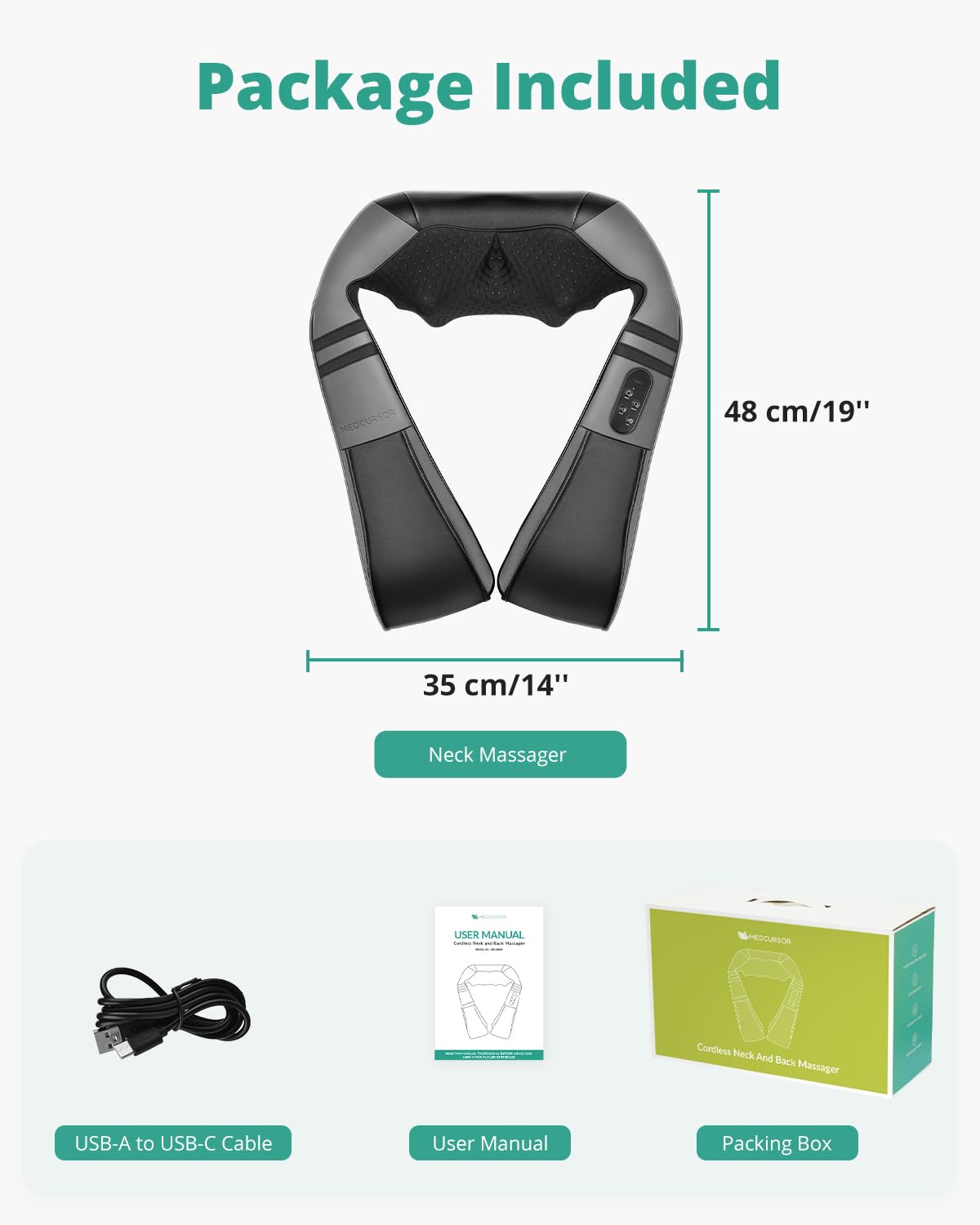 Medcursor neck massager with heat, in-use on shoulder for relaxing sessions.