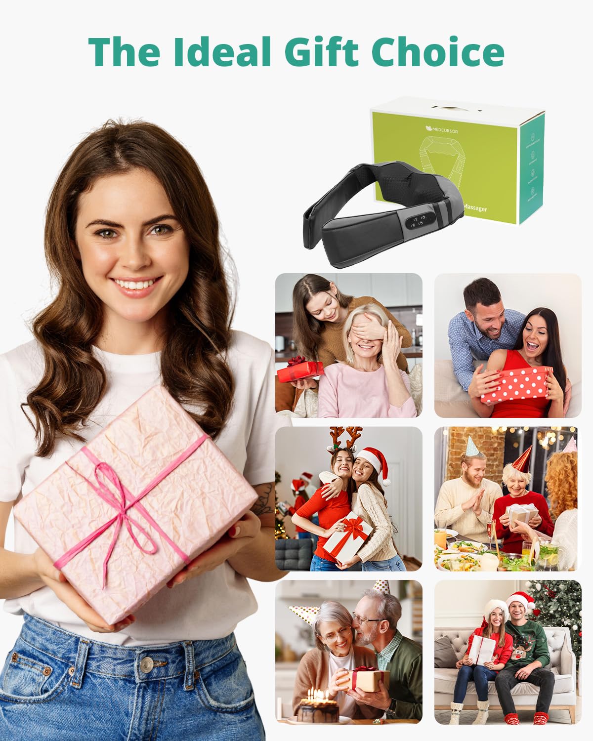 Medcursor neck massager with heat, USB-C charging port visible for quick power.