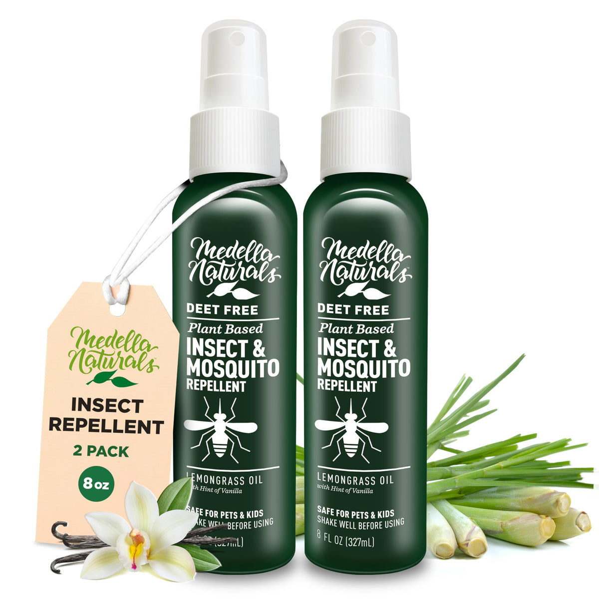 Medella Naturals Deet-Free Insect Repellent pack: two 8 oz bottles for outdoor use.
