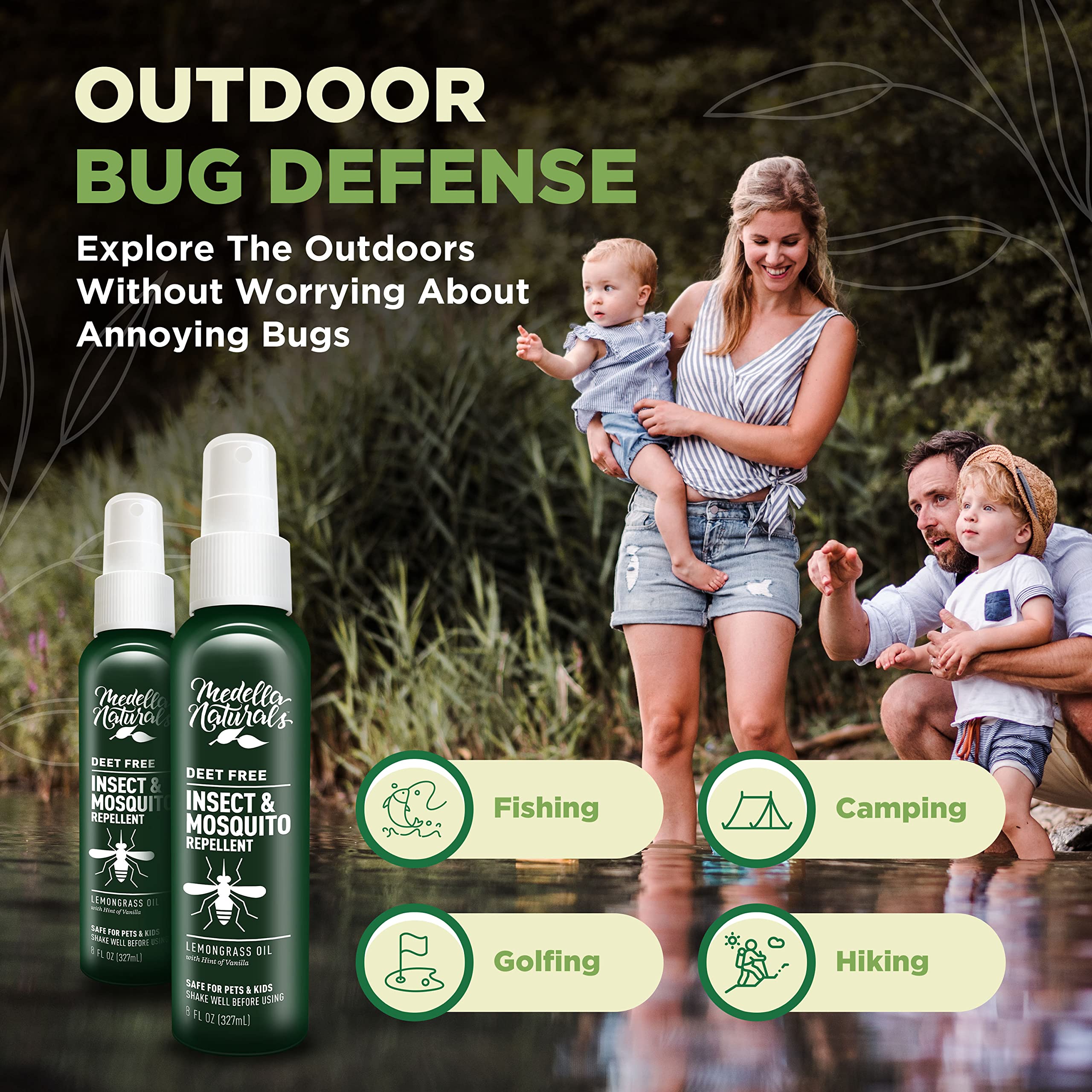Medella Naturals two-bottle set next to a golf bag for outdoor outings.