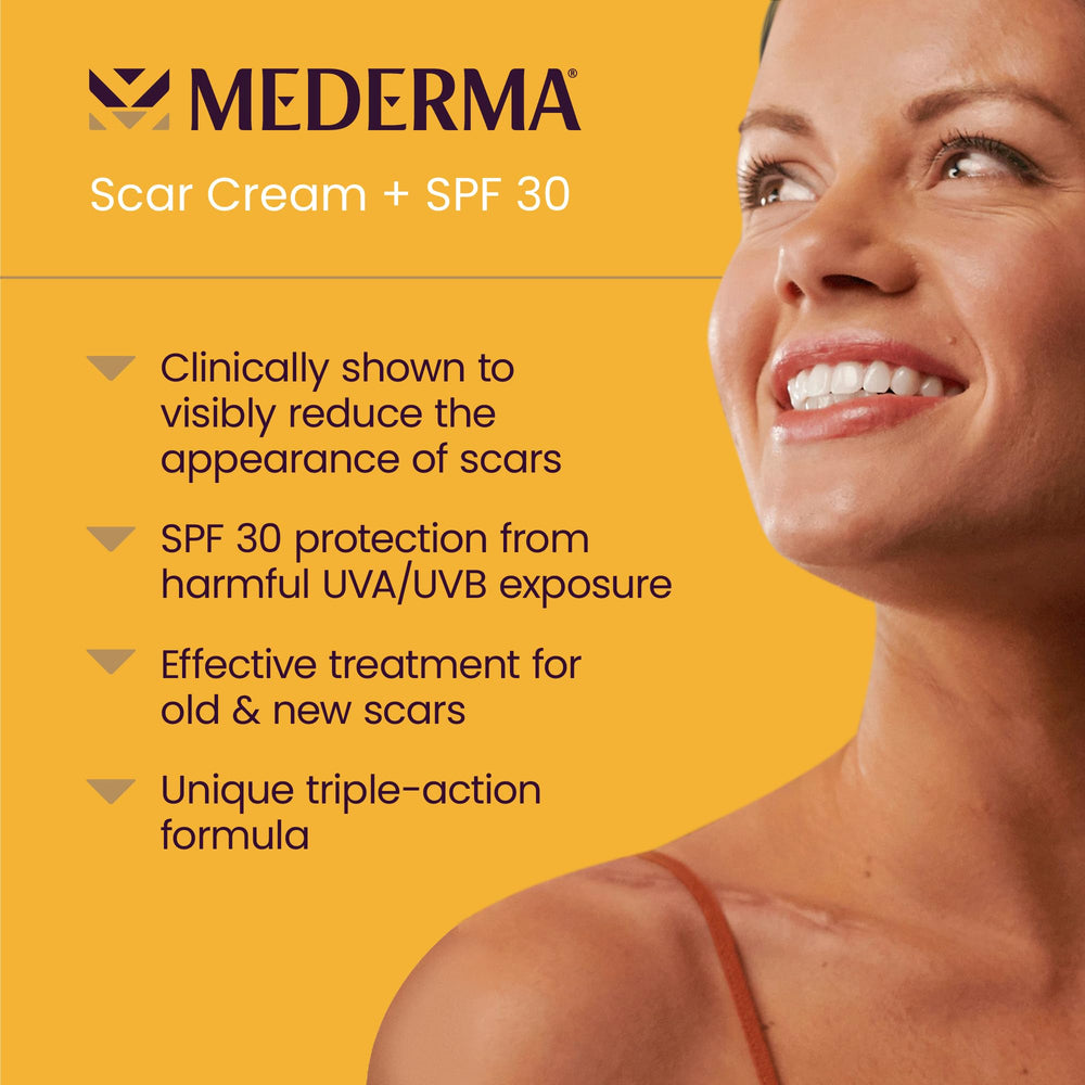Mederma Scar Cream Plus SPF 30 tube shown at an angle for easy handling.