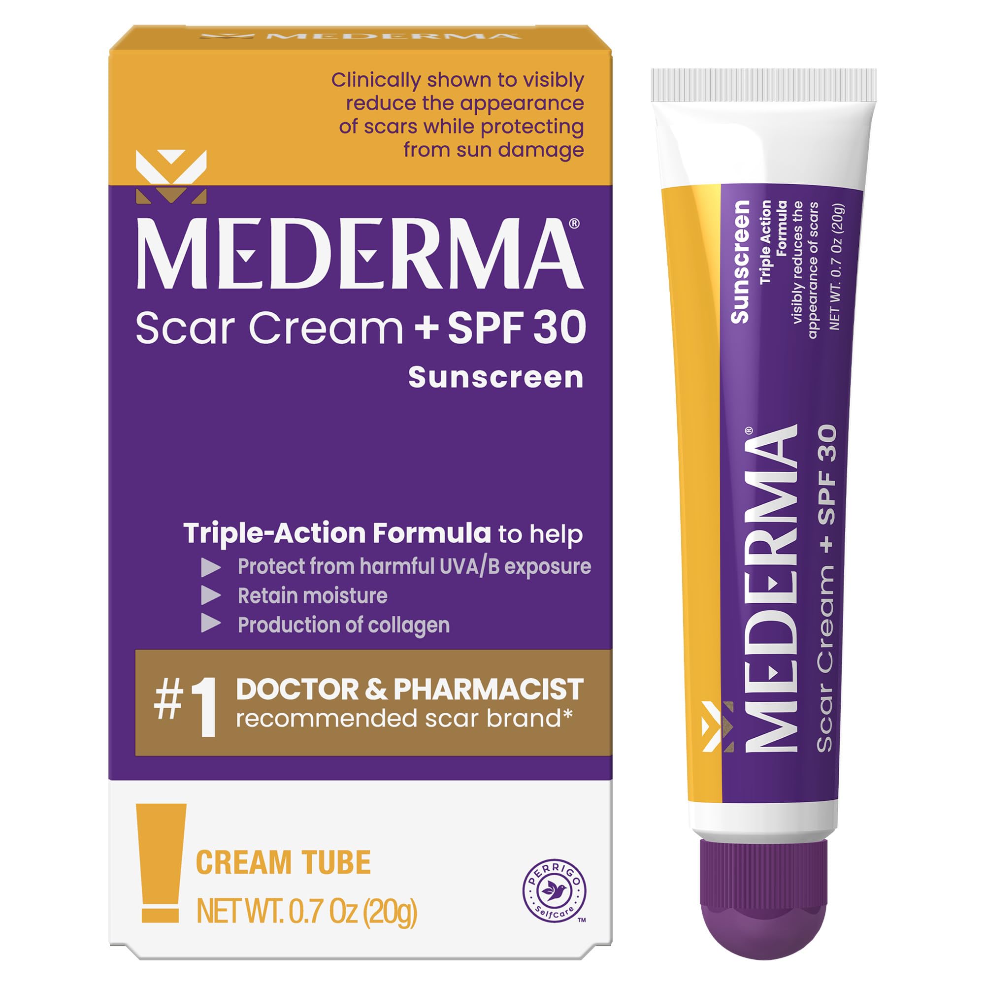 Mederma Scar Cream Plus SPF 30 tube shown for scar care on skin