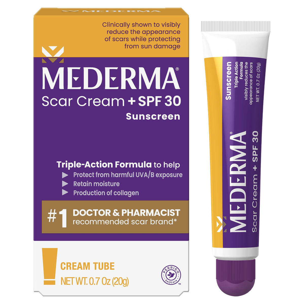 Mederma Scar Cream Plus SPF 30 tube shown for scar care on skin