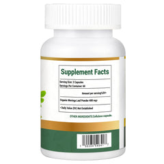 Close-up of MEDI BOTIC Moringa capsules showing 800 mg per serving for energy support.