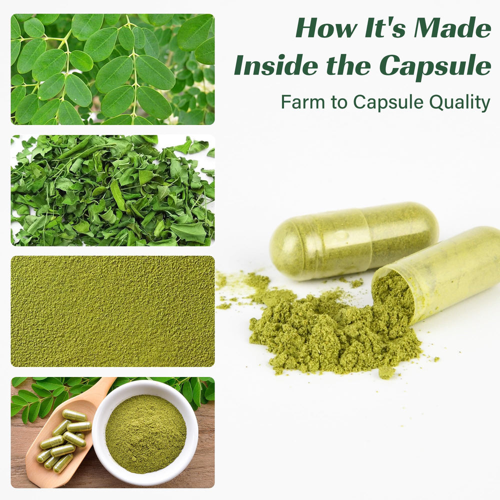 MEDI BOTIC Moringa capsules nutrition panel displaying vitamins and minerals for wellness.