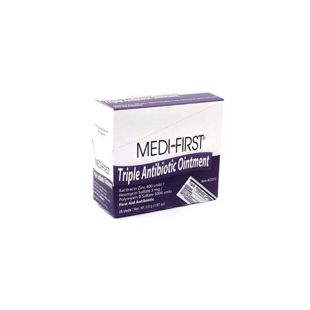 Medi-First antibiotic ointment packets in a box for minor injuries.