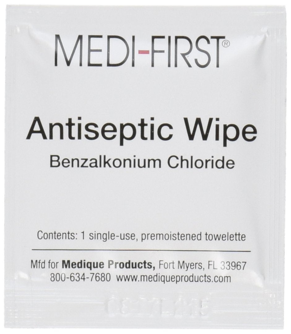 Medi-First BZK towelettes close-up for on-skin cleansing without soap