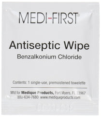 Medi-First BZK towelettes close-up for on-skin cleansing without soap