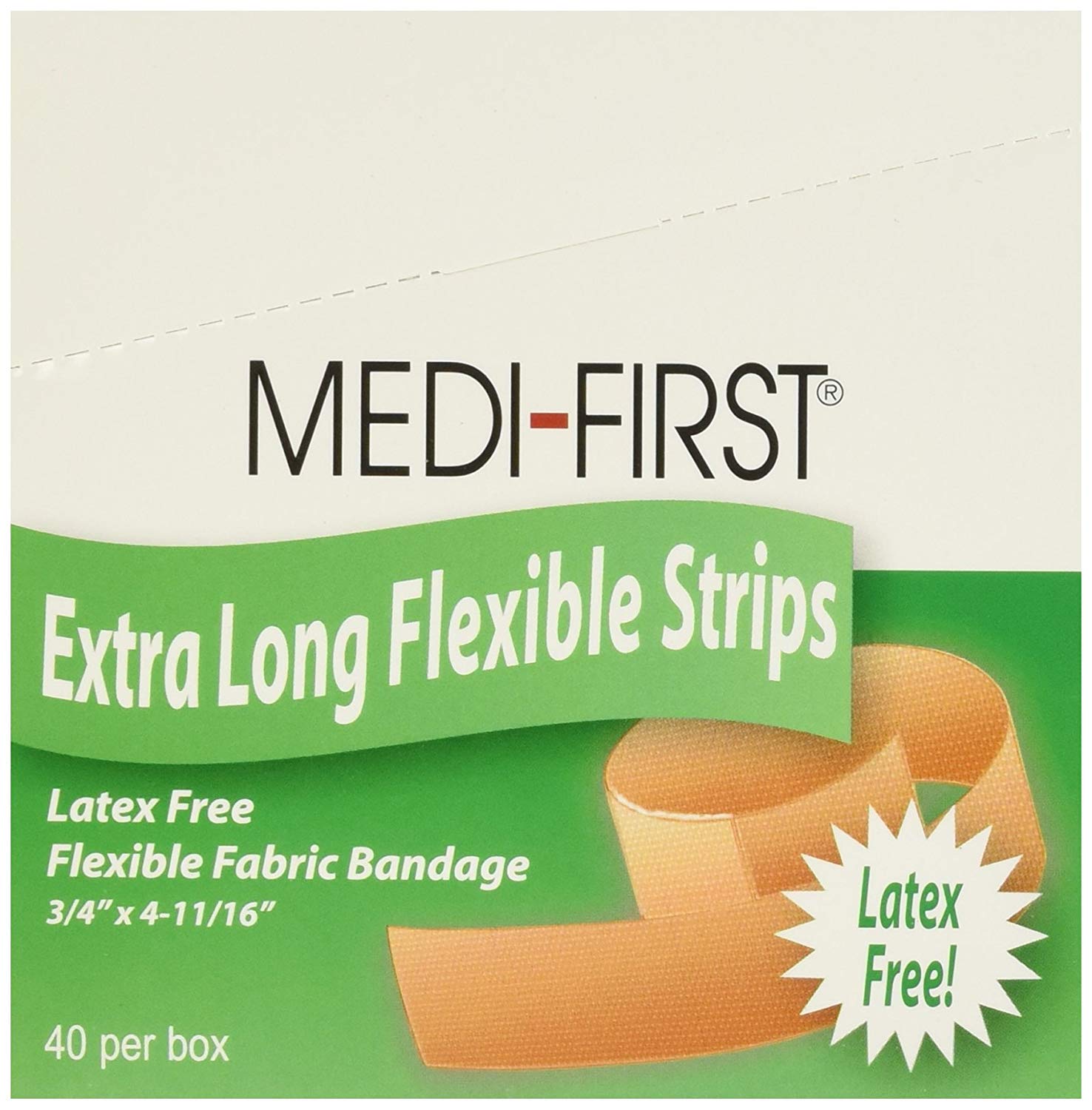 Medi-First Medique 62178 latex-free woven bandages laid out for extra-long coverage.