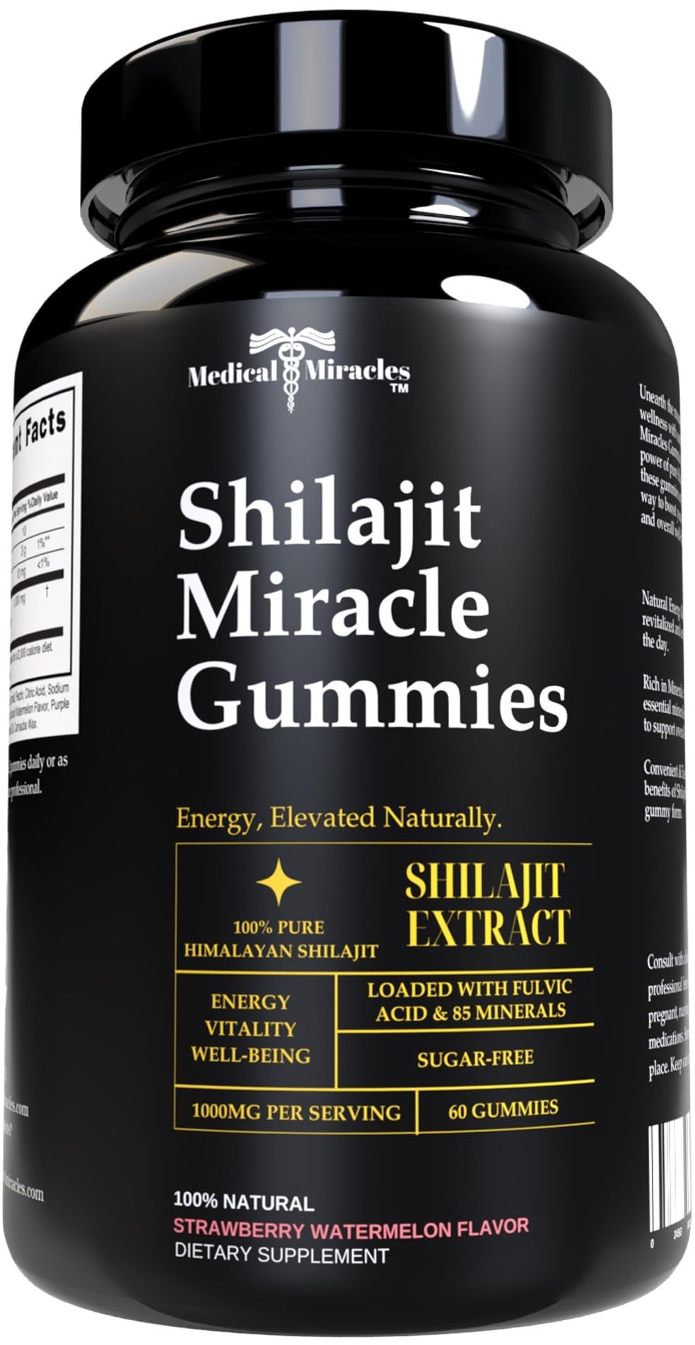 Medical Miracles Shilajit Gummies bottle on counter, convenient energy support in a sugar-free form.