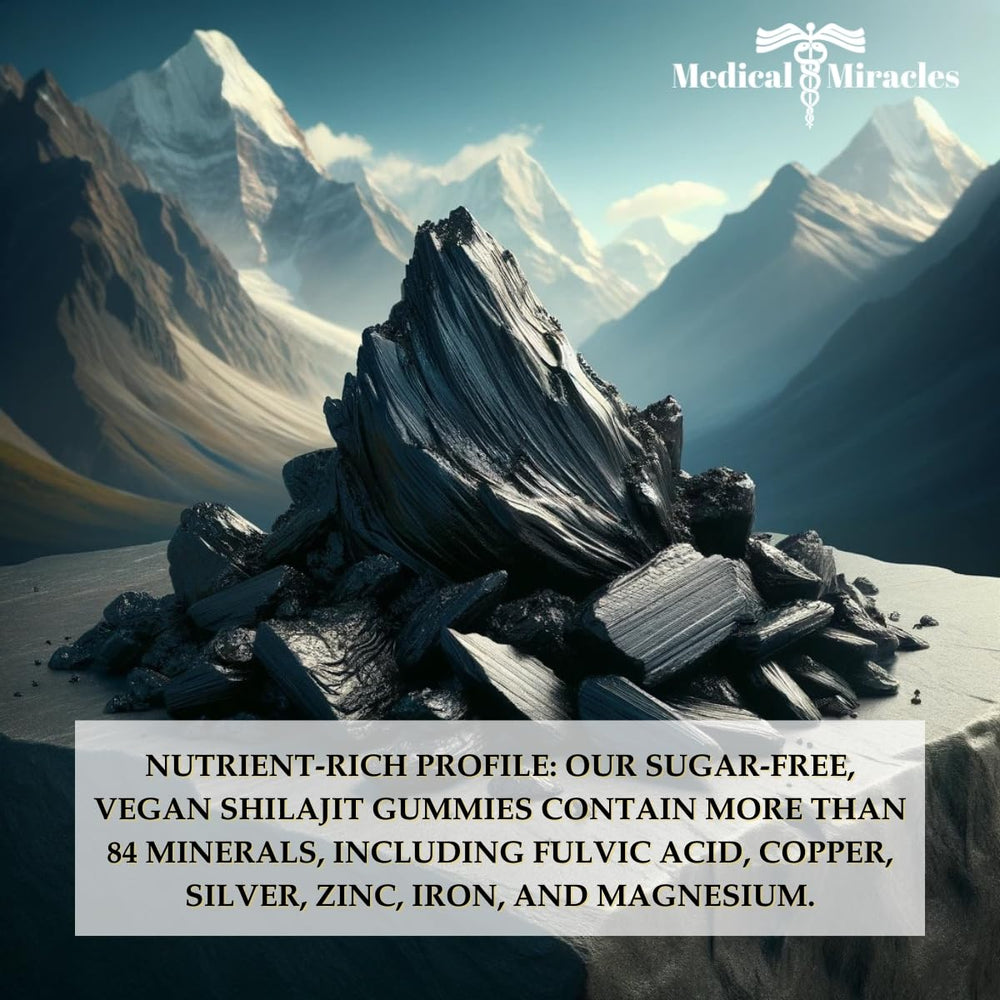 60-count Medical Miracles Shilajit Gummies package displayed for convenient long-term use.