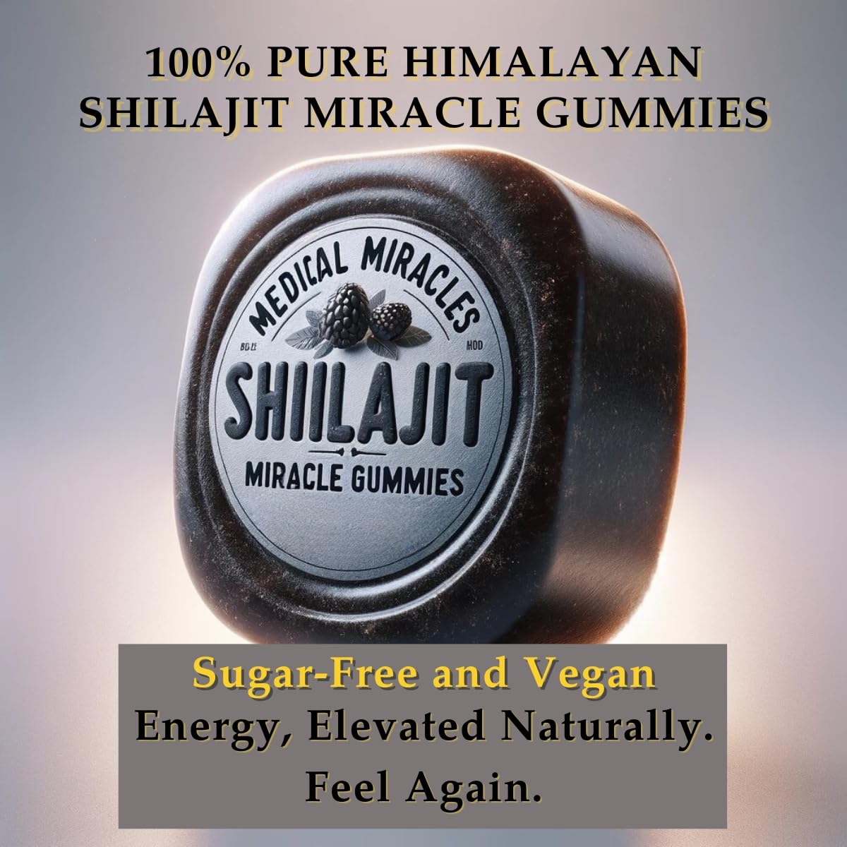 Close-up of Medical Miracles Shilajit Gummies with fruity flavor, appealing daily treat.