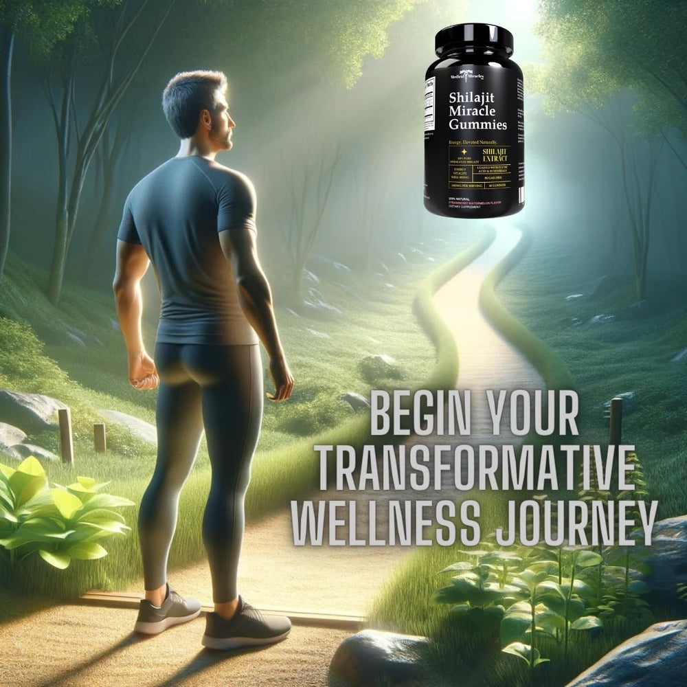 Product box of Medical Miracles Shilajit Gummies showing GMP certification messaging.