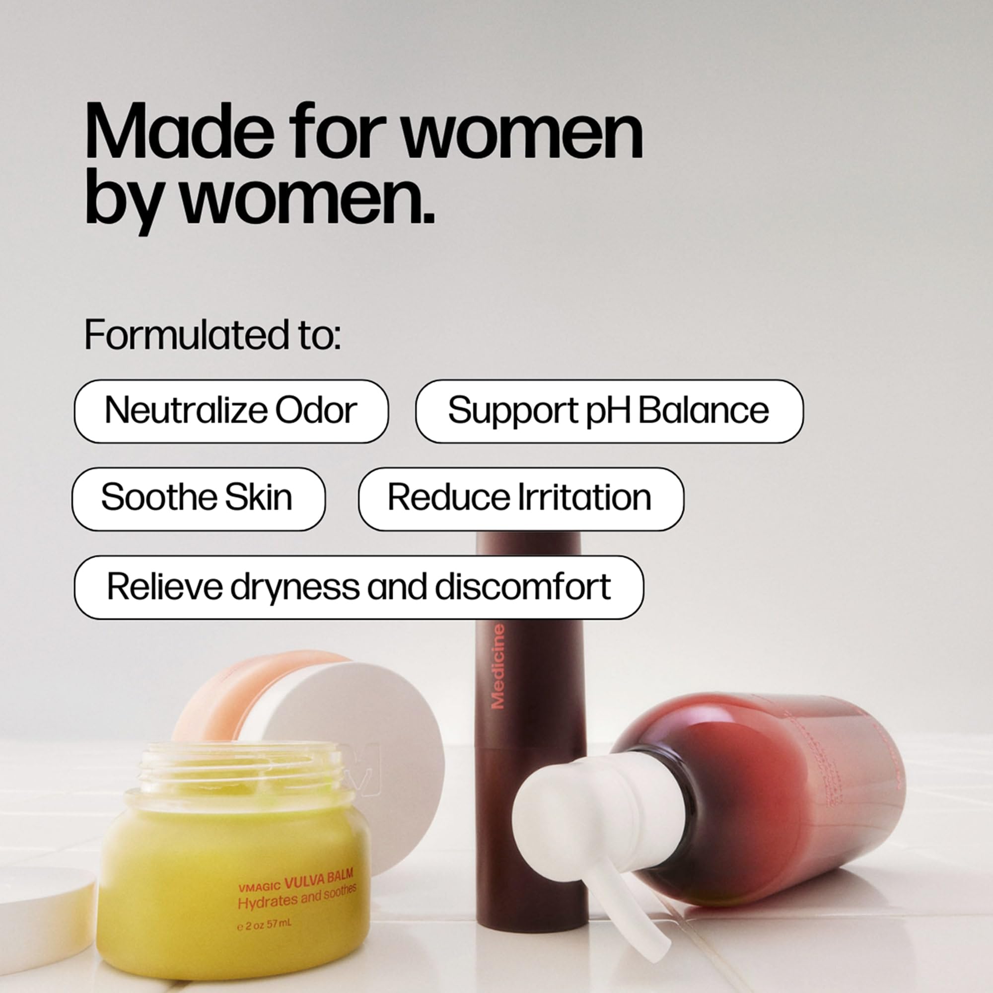 pH-balanced badge on bottle supports balanced intimate care.