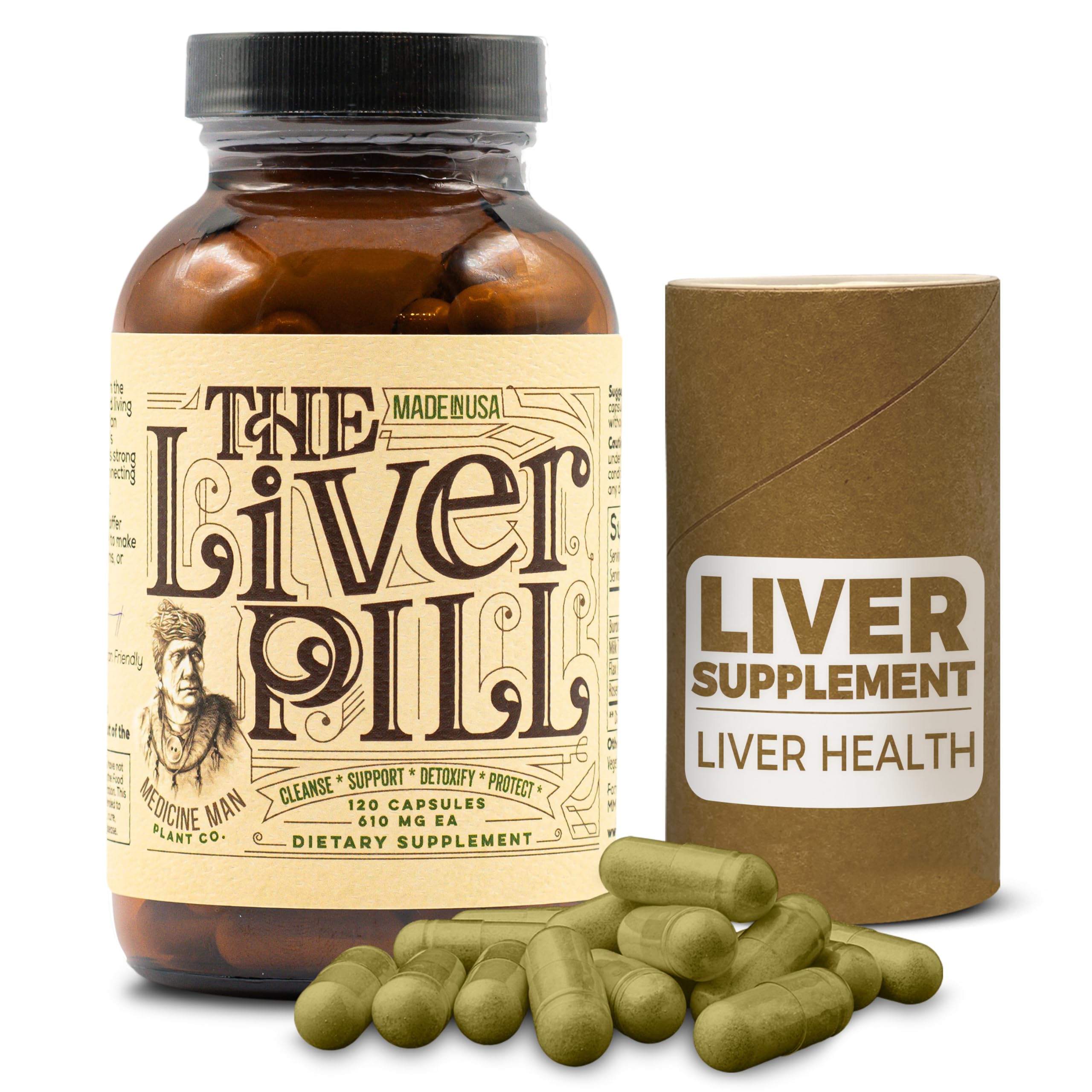 Medicine Man Plant Co Liver Pill bottle with burdock root illustration for daily wellness rituals.
