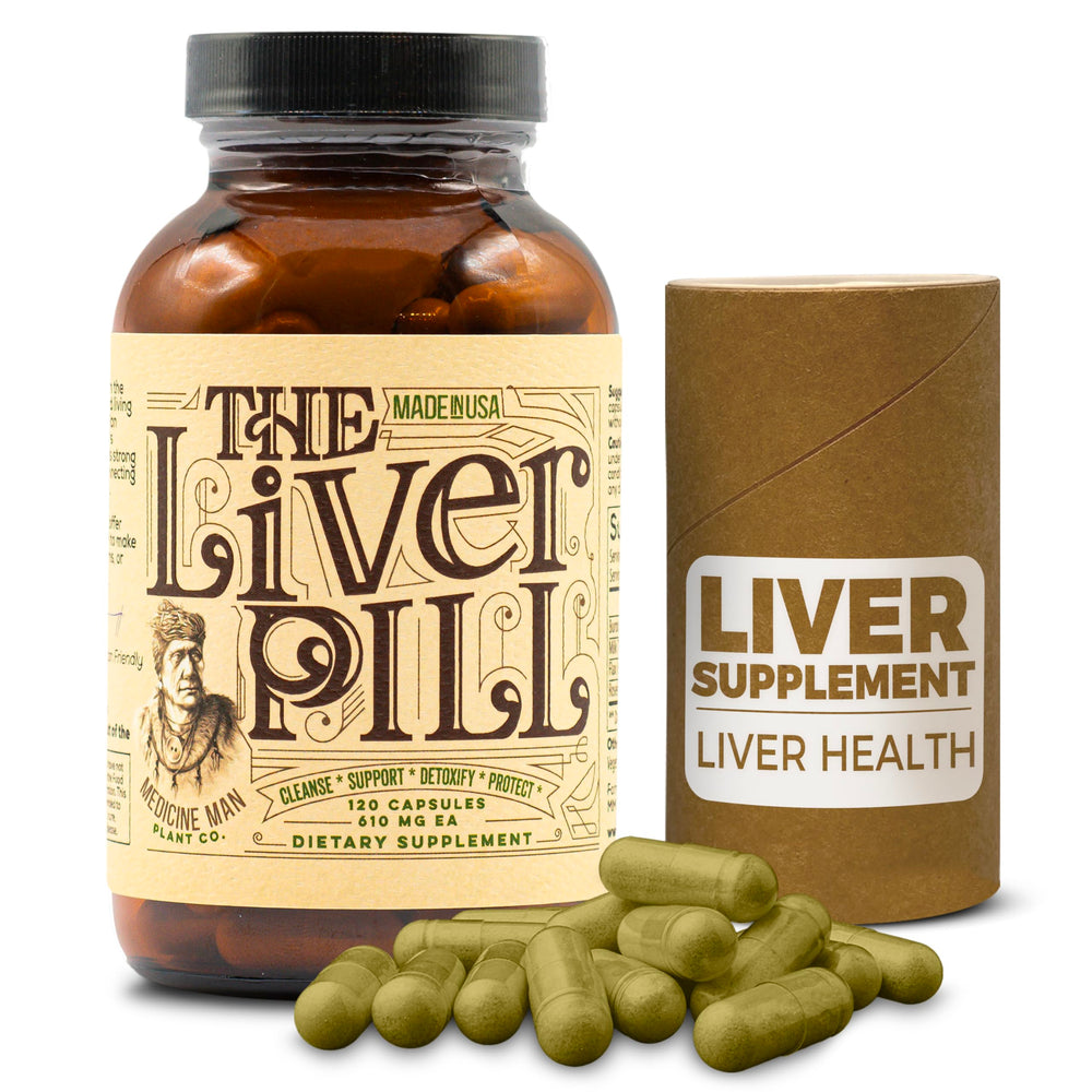 Medicine Man Plant Co Liver Pill bottle with burdock root illustration for daily wellness rituals.