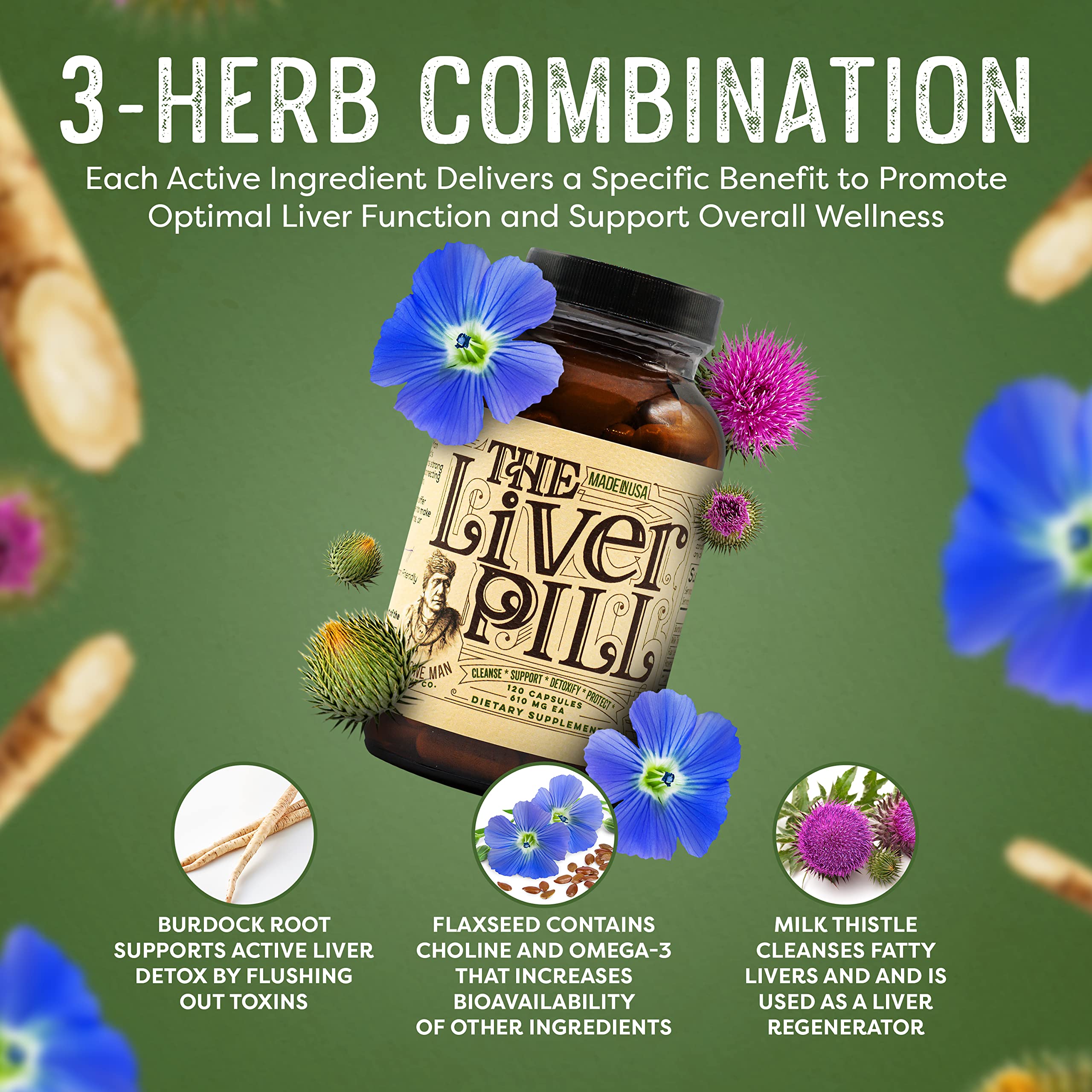 Liver Pill bottle label emphasizing clean label and non GMO formulation by Medicine Man Plant Co.
