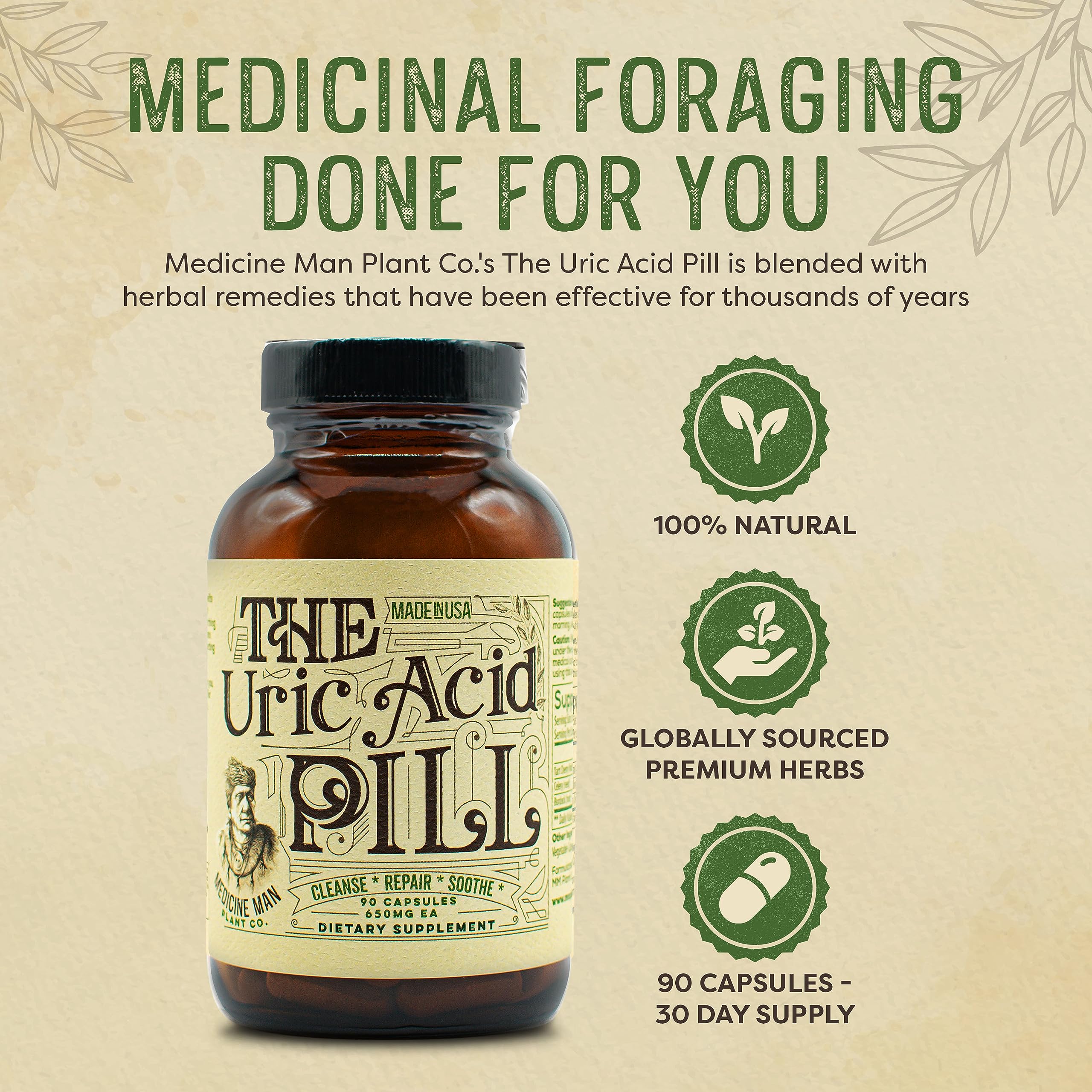 Medicine Man Uric Acid Pill bottle top view shows compact, non-GMO packaging.