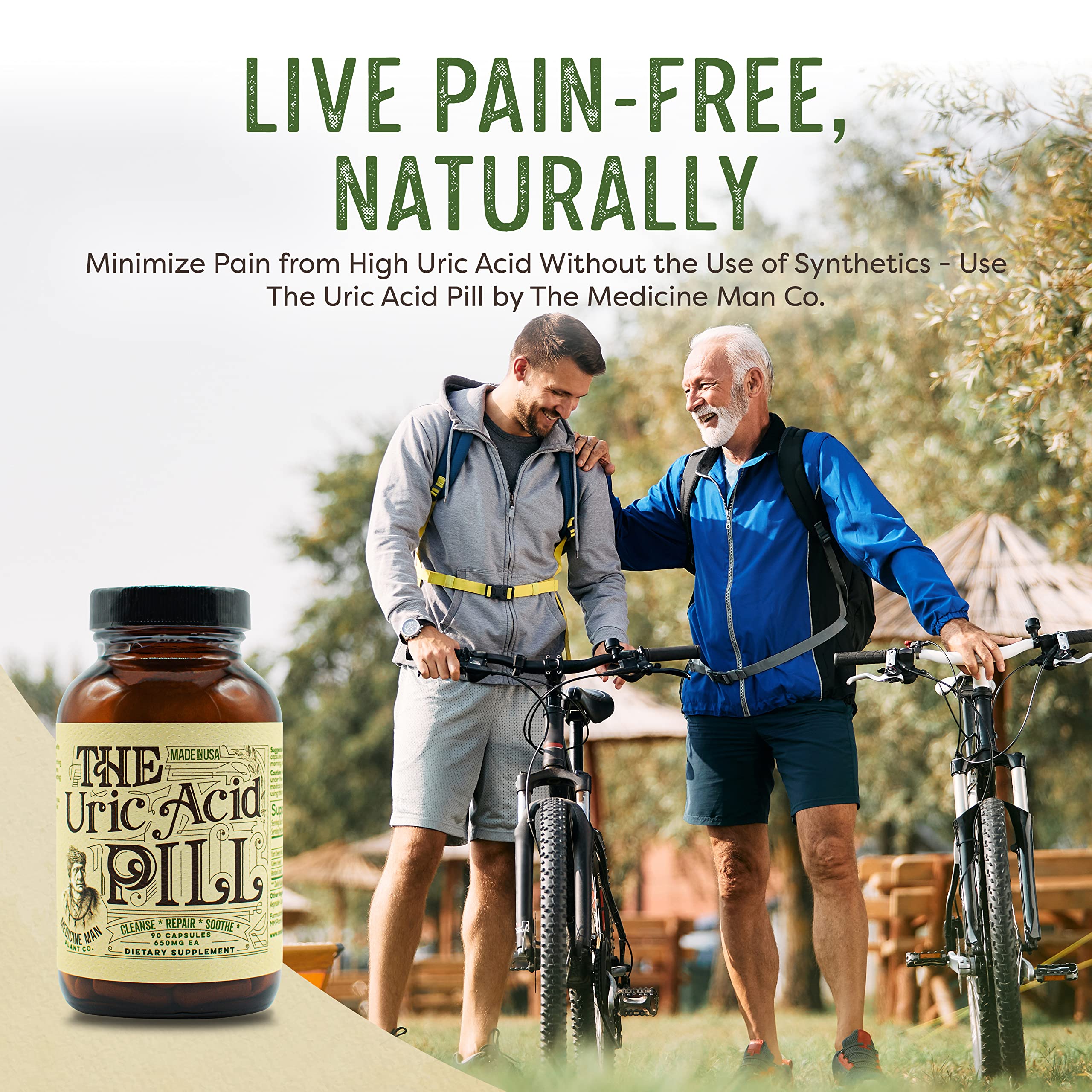 Medicine Man Uric Acid Pill burdock root visual complements traditional herbal blend.