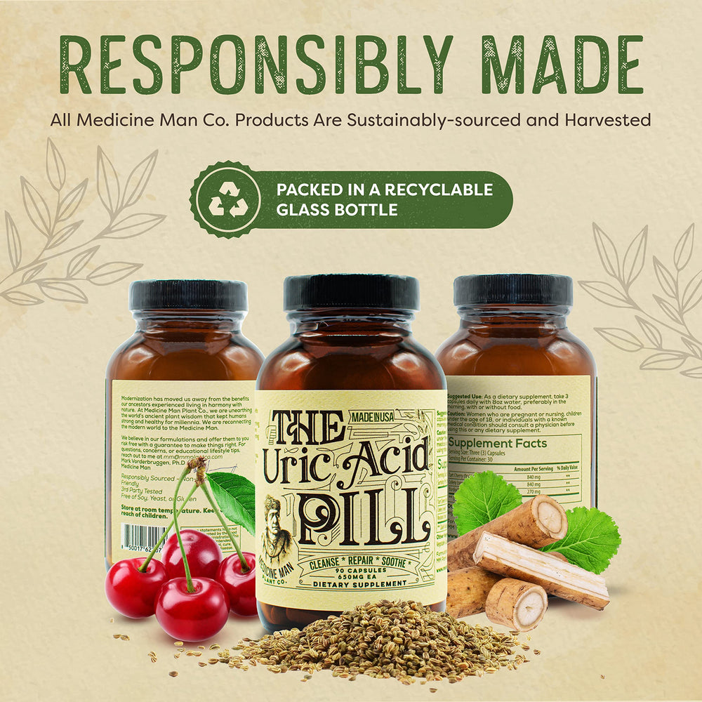 Medicine Man Uric Acid Pill celery seeds focus highlights botanical ingredients.