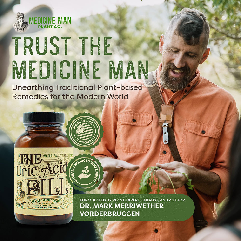 Medicine Man Uric Acid Pill eco packaging showcases sustainable, non-GMO product.