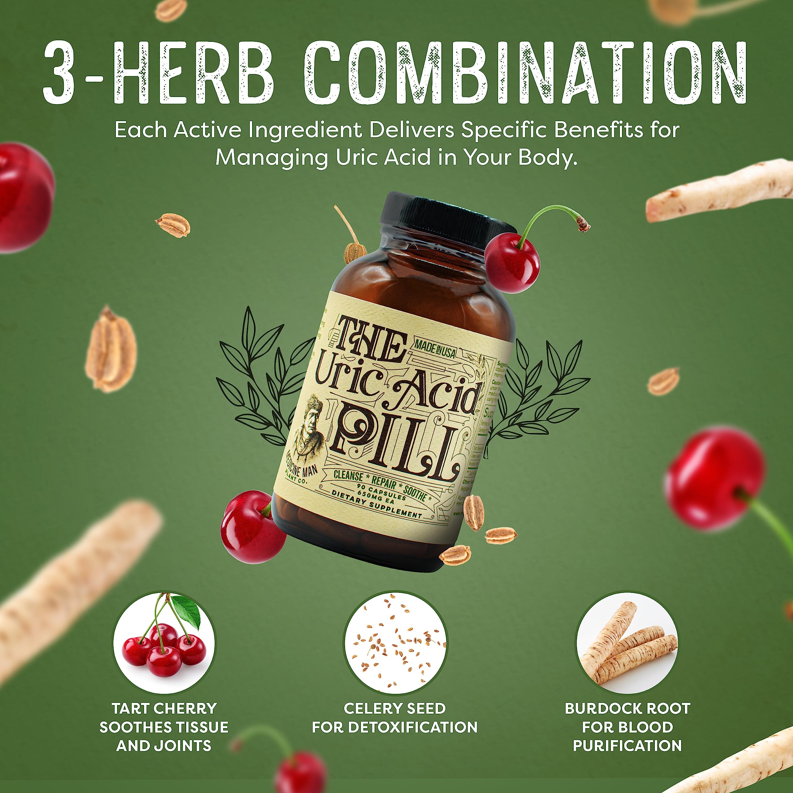 Medicine Man Uric Acid Pill label closeup emphasizes clean, organic ingredients.
