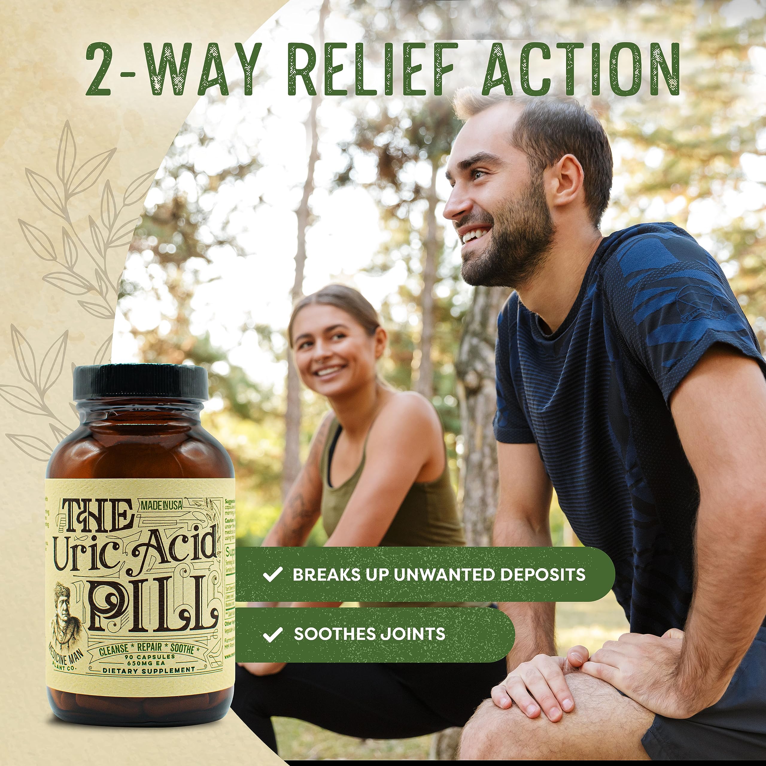 Medicine Man Uric Acid Pill tart cherry extract focus suggests natural support.