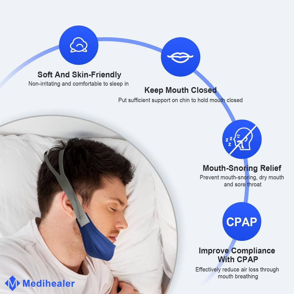 Medihealer chin strap worn during sleep for improved mouth closure